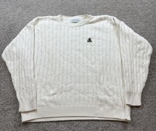 Vintage Izod Mens Sweater Large Cable Knit Preppy Grandpa Crest Beige USA Made