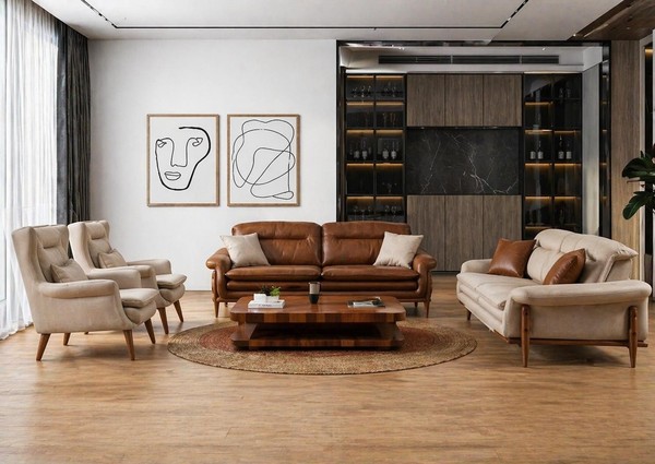 Polstergarnitur 3-Sitzer Sofa Sessel Modern Leder Braun Beige-image