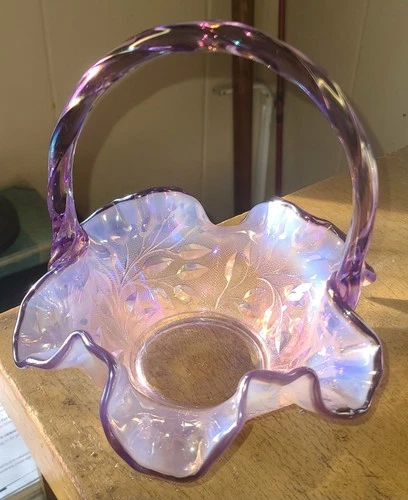 Fenton Iridized 2001 Pink Chiffon Wildflower Art Glass Basket