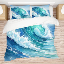 Ocean Waves Coastal Sea Comforter Set with 2 Pillowcases for Bedroom Bedding Dec
