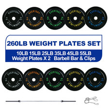 Olympic Bumper Plate Weight Set 260 Lbs Set Barbell Steel Hub Black Home Gym