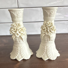 Ivory Ceramic Floral Candlesticks Pair