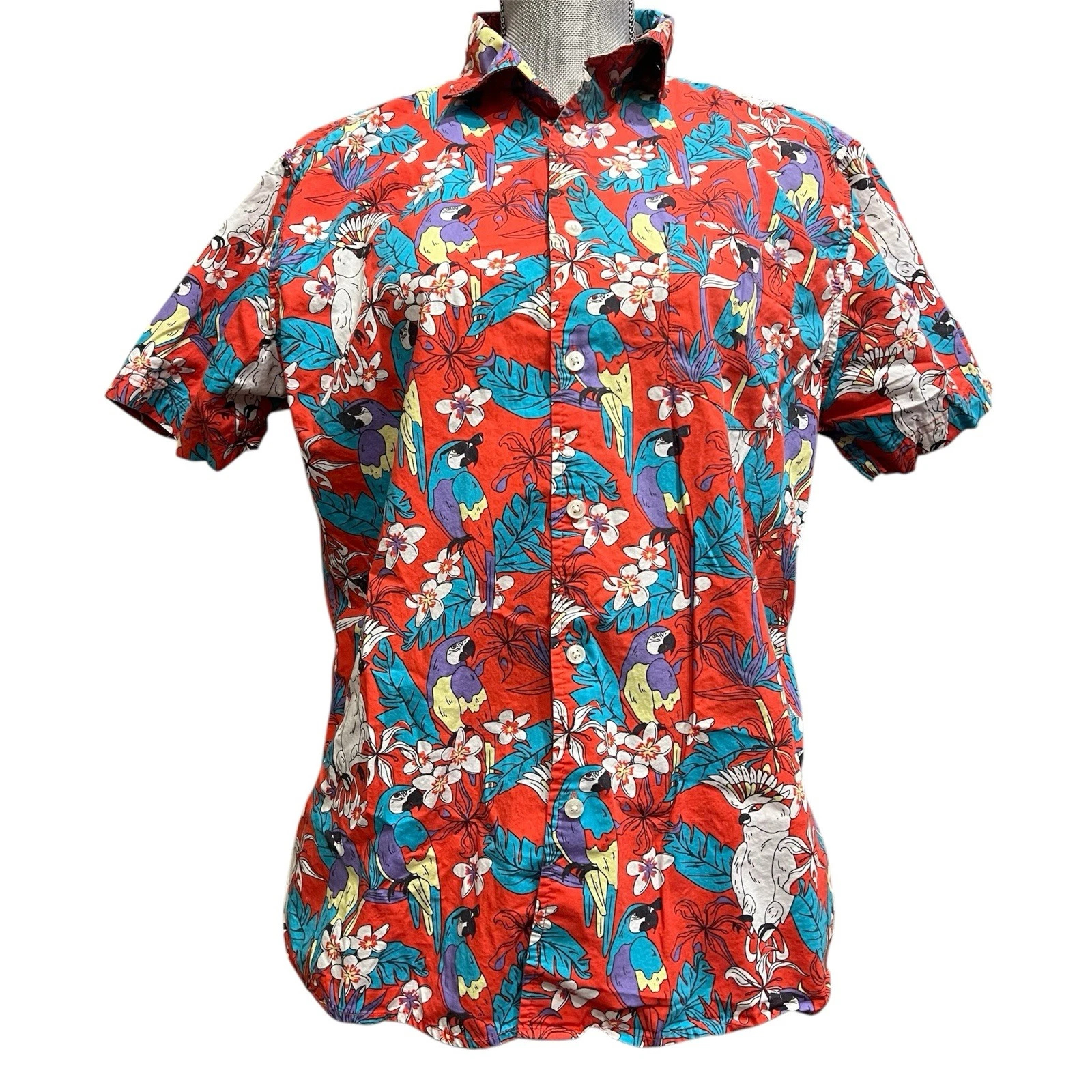 Original Use Button Up M Toucan Floral Hawaiian Hibiscus Tropical Shirt Parrot