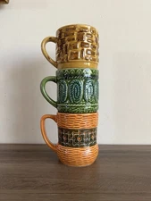 60s Stackable Mugs 3 Basket Weave made in japan orange green yellow 3.5" coffee