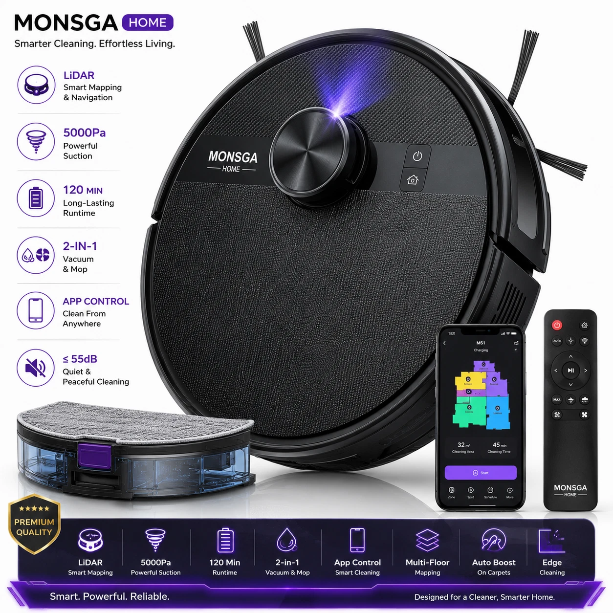 Robot Vacuum Cleaner LiDAR 5000Pa Smart Mapping Mop App Control 120Min