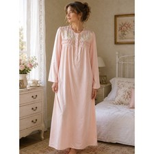 Miss Elaine Nightgown Pink Peach Long Sleeve Lace Embroidered Romantic Cottage