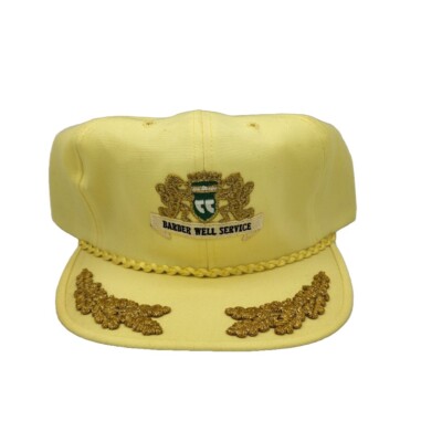 Vintage Barber Oil Well Service Cap Hat Crested Town Talk Scotchgard Yellow