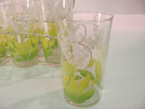 Glass White Green Snapdragon Tumblers Caddy Cocktail MCM Vintage 8 Carrier - Picture 4 of 12