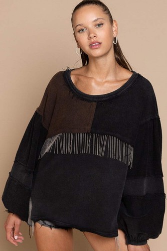 POL French Terry Color Block Fringe Detailed Round Neck Top in Black Multi NWT