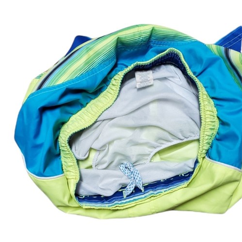 Youth Boys Bright Green Blue Striped OP swim Board shorts - Picture 6 of 9