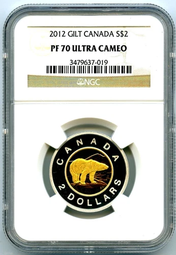 2012 SILVER PROOF TWO DOLLAR CANADA NGC PF70 UCAM .999 FINE GILT GOLD POLAR BEAR