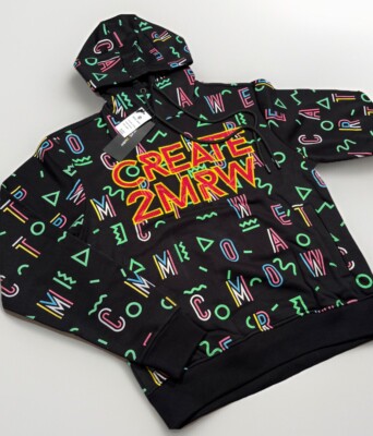 90s Style Hoodie Create 2MRW Graphic Steeetwear Embroidered Spellout AOP LARGE
