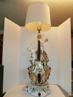 Large Antique Vintage Italian Lamp Porcelain Capodimonte Cherub Angels Violin Large Antique Vintage Italian Lamp, Vintage Cherub Lamps