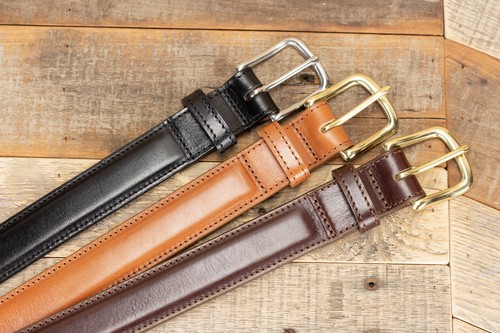 Amish Handmade Italian Leather Raised Center Dress Belt - Black Brown or Cognac - Picture 2 of 14
