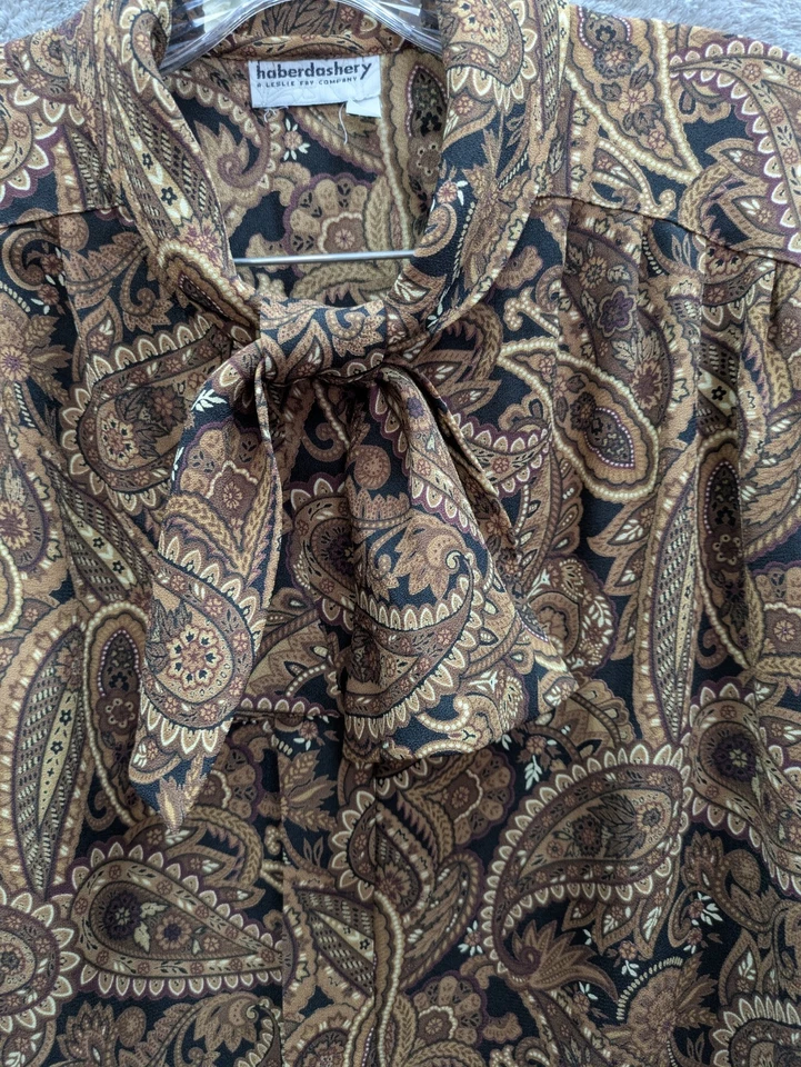 Pussybow Blouse Women's 14 Brown Paisley Office Secretary 80s 90s - Image 3 of 4