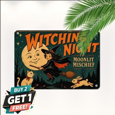 Witch Charming Cat Rabbit Signs Decor Vintage Fairy Tale Halloween Metal Plaque