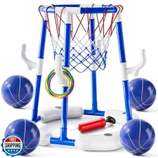 2-in-1 Pool Basketball Hoop and Ring Games with 4 Balls 12 Rings and Pump, Su