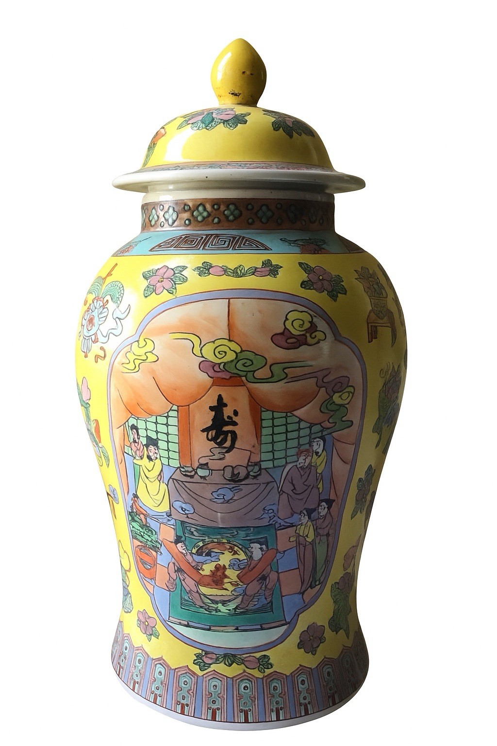 Antique Chinese Yellow Porcelain XL Ginger Jar w/ Lid, 17.25" Tall