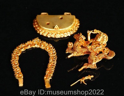 4" Ancient Tibet Buddhism Bronze Gilt Vaishravana On Lion Protector Deity Statue - Picture 7 of 9