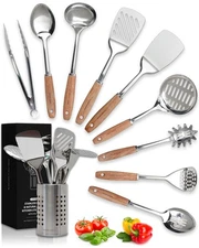 Home Hero Stainless Steel Kitchen Utensils Set - Wood Handle Nonstick Stainless