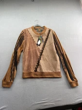 Steven Land Sweater Mens Medium Brown Cognac SL210 Leather Knit Patchwork