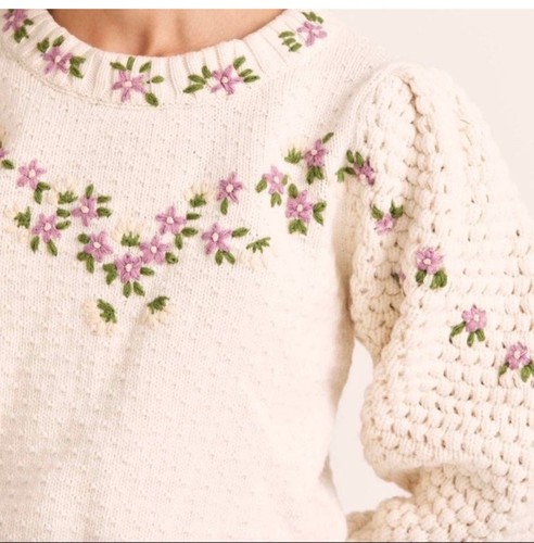 Anthropologie LoveShackFancy Kenzly Embroidered Pullover Sweater Ivory sz M - Picture 4 of 11