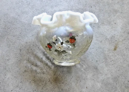 Vintage Fenton Opalescent Glass Rose Bowl Vase Hand Painted Strawberries Signed