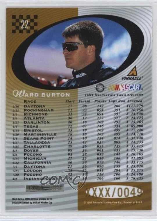 1997 Pinnacle Totally Certified Platinum Gold Promo /49 Ward Burton #22 - Image 2 of 2