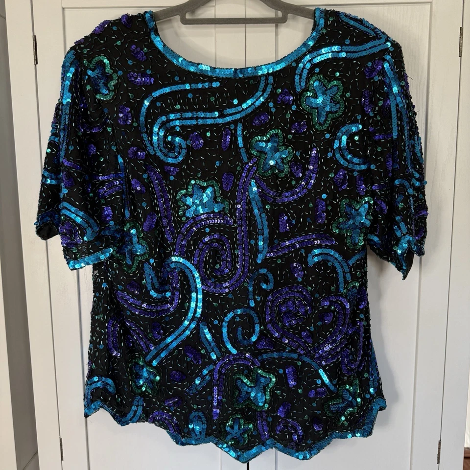 Blusa vintage Laurence Kazar XL seda lentejuelas cuentas negro azul púrpura años 80 Foto 4 de 4