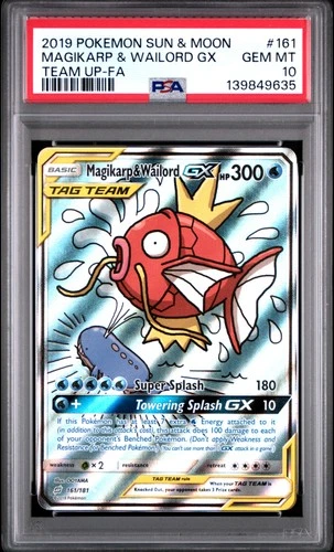 2019 POKEMON SUN & MOON TEAM UP #161 FULL ART/MAGIKARP & WAILORD GX PSA 10