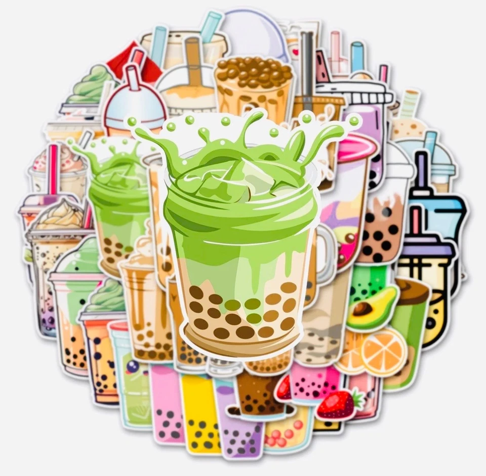 100 pegatinas Boba Bubble Tea impermeables de vinilo para computadora portátil monopatín teléfono decoración Foto 2 de 4