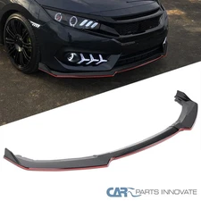 Fits 16-19 Honda Civic 4Dr Glossy Black Front Bumper Lip Spoiler Kit w/Red Trim