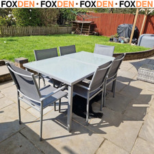 7 Piece Garden Dining Set with 6 Stackable Chairs and Tempered Glass Table Grey