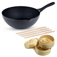 Ken Hom Wok 30 Cm Induktion Set Antihaft Karbonstahl Inkl. Dampfkorb & StäBchen
