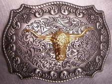 Pewter Belt Buckle Animal Longhorn Steer Head NEW 2 tone