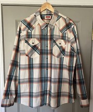 Wrangler Western Style Shirt Size XL Plaid Long Sleeve Button Down Cream Blue
