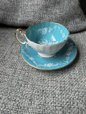 AYNSLEY Bone China Aqua Blue Turquoise Gold Trim Floral Rose Teacup & Saucer
