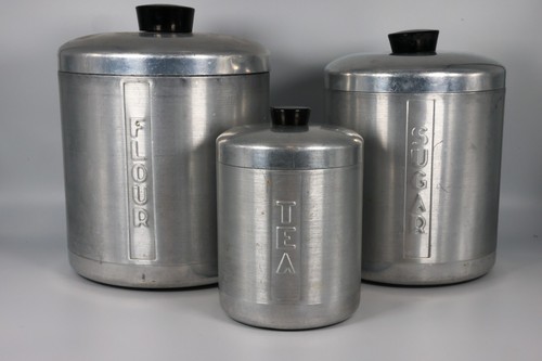 Vintage 50er Jahre Aluminium Küche Kanister Set • Zucker Kaffee Tee
