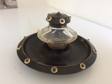 ARTS & CRAFT PERIOD GLASS INKWELL - Mounted on Turned Fruitwood Base