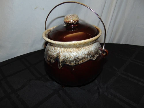 Vintage HULL POTTERY Bean Pot With Lid & Handle Brown Drip Glaze Three Leg USA