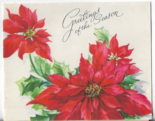 Vtg CHRISTMAS CARD 5x4 Greetings of the Season - Red Poinsettias - Picture 1 of 3