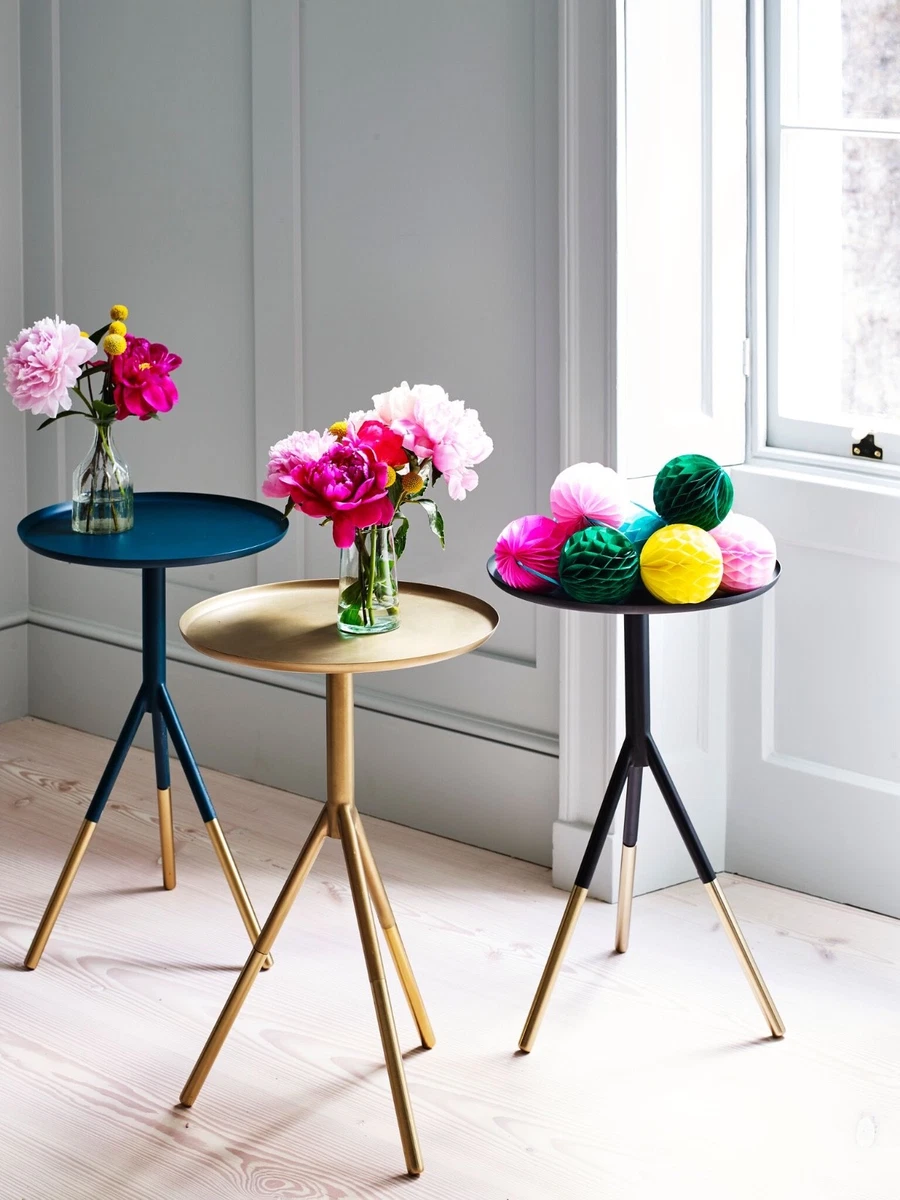 Small Round Side Table Bombay Duck Blue Gold Brass Tripod Wine Coffee Table