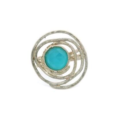 Vintage Sterlingsilber Ozeanblau Quarz Freie Form Konzentrisch Platte Ring