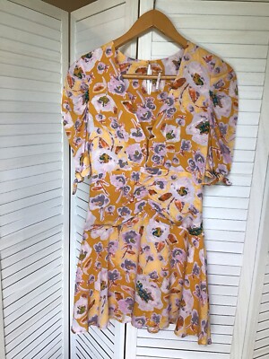 Free People Floral Babydoll Yellow V-Neck Flowy Dress Rayon 4 Short Sleeve  | eBay