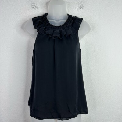 Club Monaco Shirt Womens XS Black Silk Sleeveless Ruffle Romantic Career Blouse