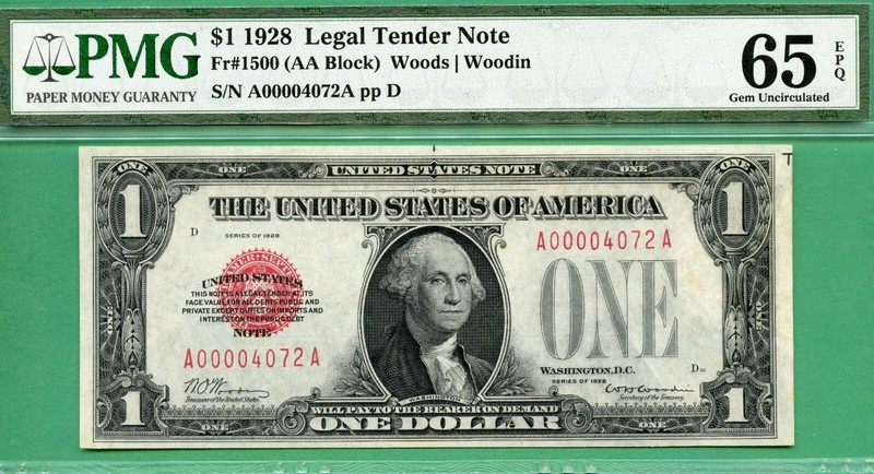 LOW FOUR DIGIT SERIAL - A 00004072 A - 1928 $1 USN - Fr 1500 - PMG GEM 65 EPQ