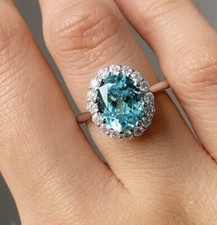 Aquamarine Lab Created Halo Silver Women  s Statement Ring Size 8 In Box