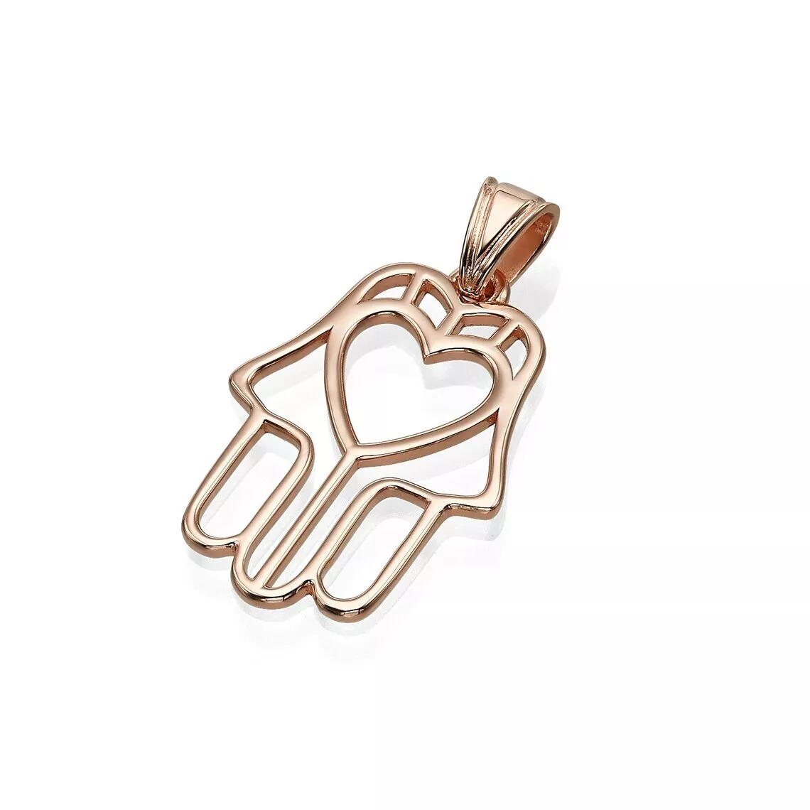 Hamsa Hand Heart Outline Pendant Necklace in Solid 14K White Gold
