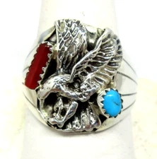 Native American Eagle Ring Size 12 Navajo Grace Smith Turquoise Coral Silver 229