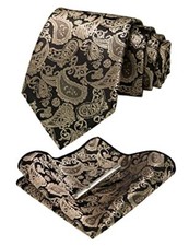 Mens Solid Color Paisley Necktie and Pocket Square with Tie Champagne Black